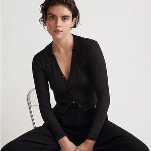 🆕 Madewell Variegated Rib V-Neck Polo Shirt in True Black; Size Large